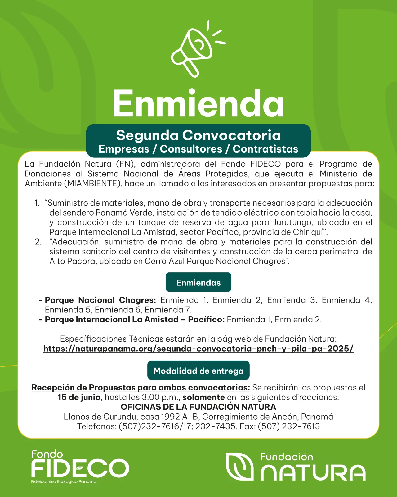 Segunda Convocatoria Parque Nacional Chagres (PNCH) y Parque Internacional La Amistad Pacífico (PILA)